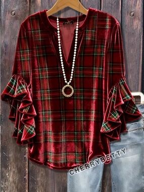 Zara Red Plaid Velvet Ruffle Sleeve Blouse